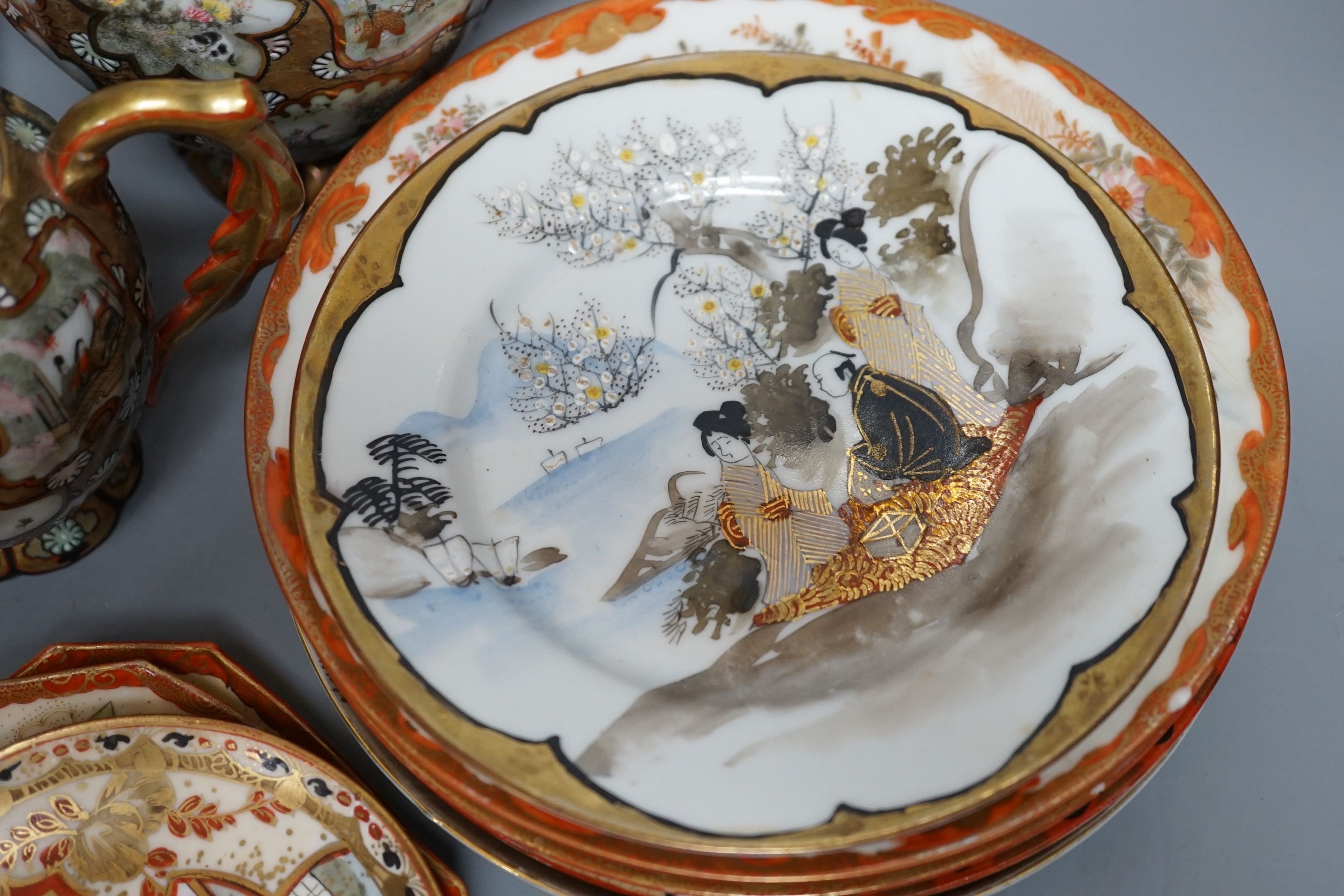 Kutani teawares and a Kutani decorative plate and bowl, Meiji -period, teapot and cover 17 cms high.